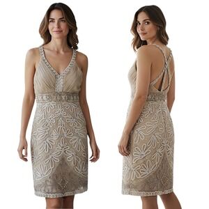 Vtg Sue Wong Nocturne Sheath Dress sz 2 Bead Embellished Formal Bridal Champaign